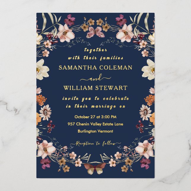 Invitation En Aluminium Marine Blue Pastel Fleur sauvage Moderne Boho Mari (Recto)
