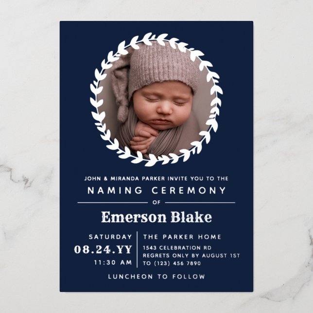Invitation En Aluminium Marine Blue Silver Wreath Baby Photo Cérémonie de  (Recto)