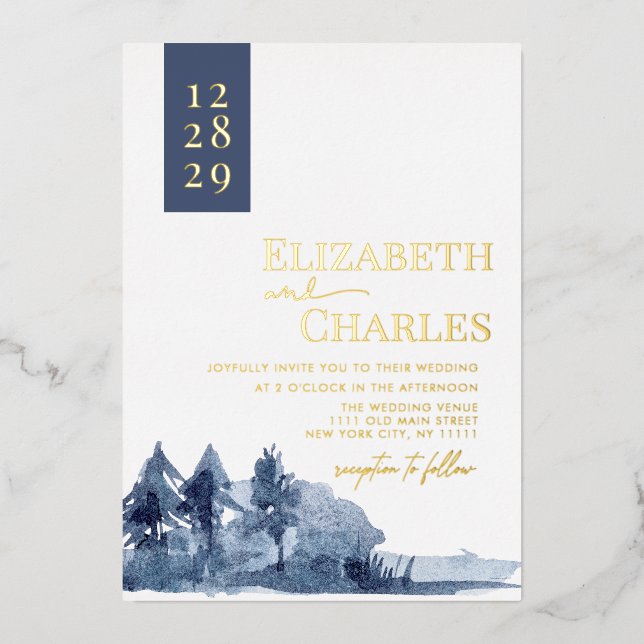 Invitation En Aluminium Marine Blue Trees Mountain Mariage d'hiver (Recto)