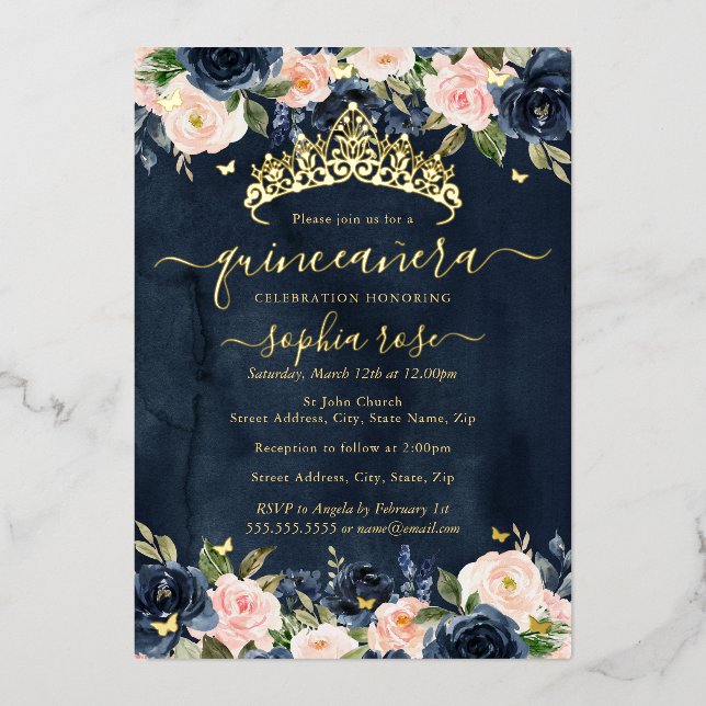 Invitation En Aluminium Marine Blush Floral Golden Butterfly Quinceanera (Recto)