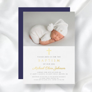 Invitation En Aluminium Marine Croix Bleue Boy Photo Baptême Or