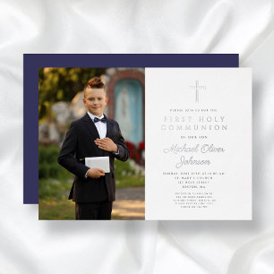 Invitation En Aluminium Marine Croix Bleue Boy Photo Première Communion Ar
