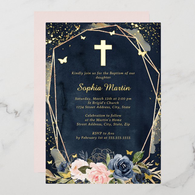 Invitation En Aluminium Marine Croix d'or rose Floral Girl Baptême (Recto/Verso)