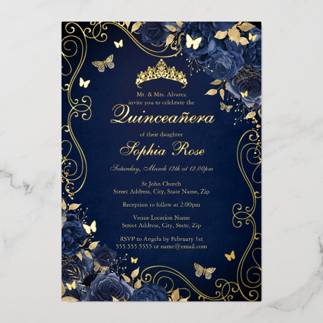 Invitation En Aluminium Marine Floral Gold Swirl Butterfly Quinceanera (Recto)