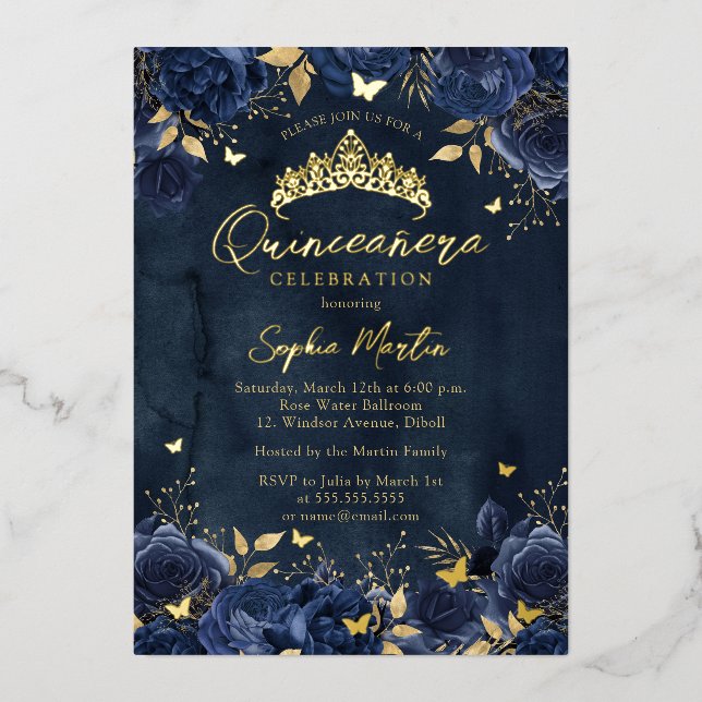 Invitation En Aluminium Marine Gold Enchantant Floral Butterfly Quinceaner (Recto)