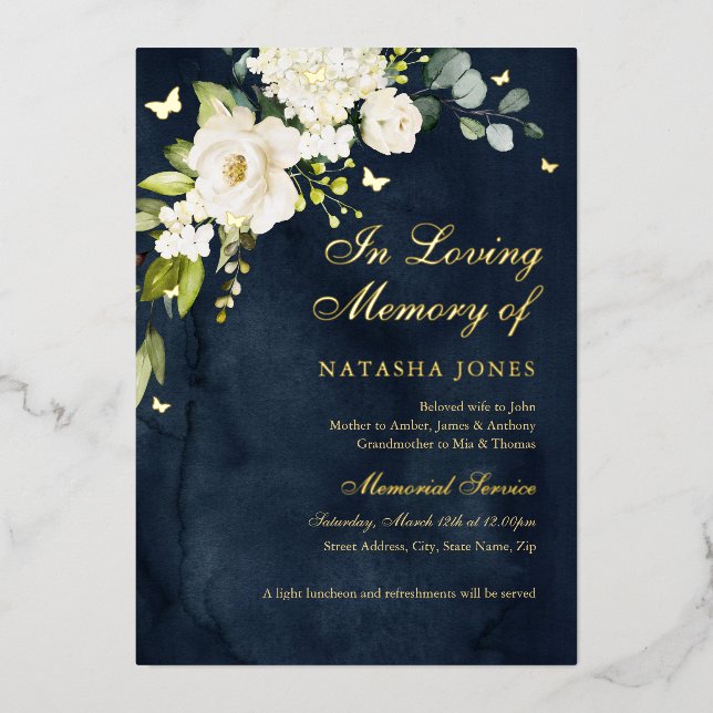 Invitation En Aluminium Marine Gold Floral Memorial Service (Recto)
