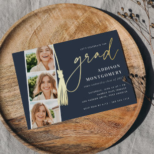 Invitation En Aluminium Marine   Gold Tassel Photo Strip Graduation Party