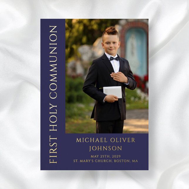 Invitation En Aluminium Marine moderne Blue Boy Photo First Holy Communion (Modern Navy Blue Boy Photo First Holy Communion Foil Invitation)