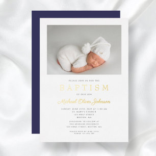 Invitation En Aluminium Marine moderne Blue Gold Script Photo Boy Baptême