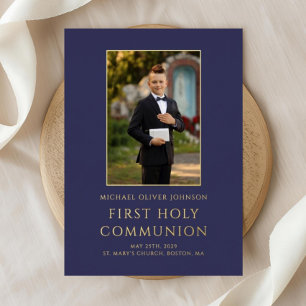 Invitation En Aluminium Marine moderne Blue Photo Boy First Communion Gold