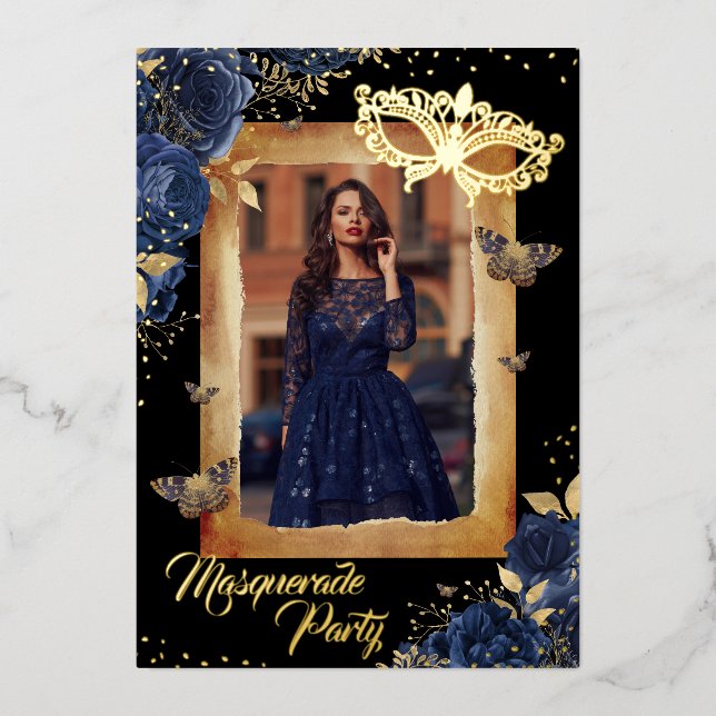 Invitation En Aluminium Marine Quinceanera Photo Masquerade Party Rose (Recto)