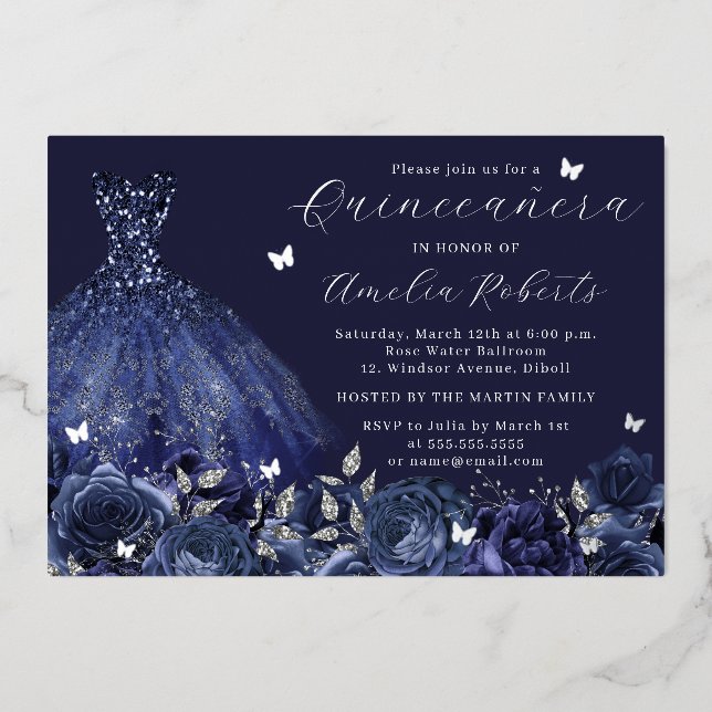Invitation En Aluminium Marine Robe Papillon argenté Floral (Recto)