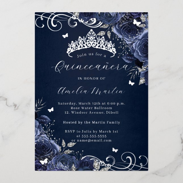 Invitation En Aluminium Marine Rose Floral Silver Swirl Quinceanera (Recto)