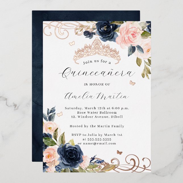 Invitation En Aluminium Marine Rose Gold Blush Floral Swirl Quinceanera (Recto/Verso)