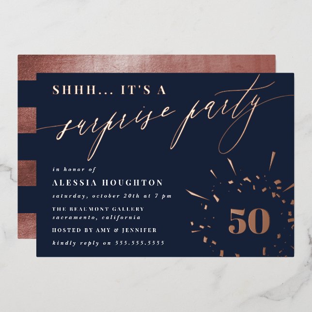 Invitation En Aluminium Marine & Rose Gold Script Surprise Party (Recto/Verso)