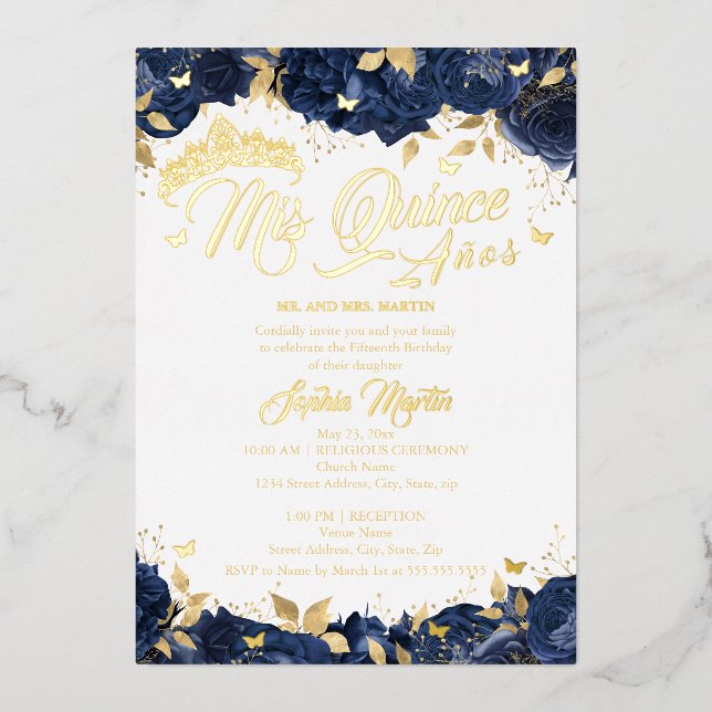 Invitation En Aluminium Marine Rose Mis Quince Gold Quinceanera (Recto)