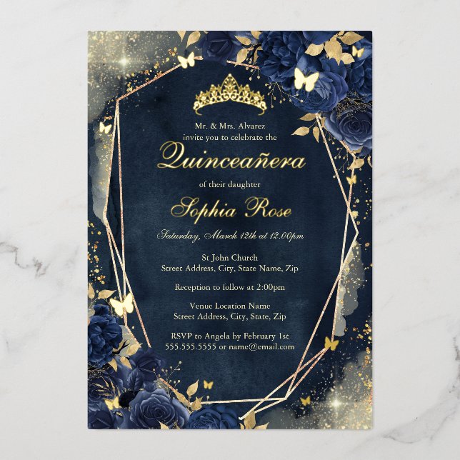 Invitation En Aluminium Marine Sparkle Gold Floral Butterfly Quinceanera (Recto)