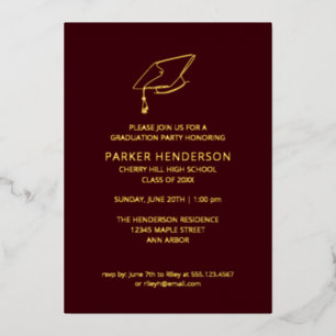 Invitation En Aluminium Maroon et Casquette d'or minimaliste de Graduation