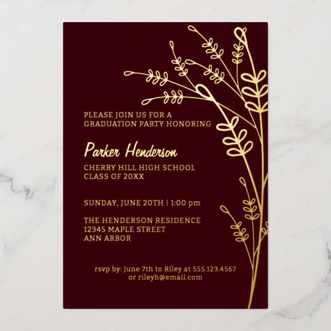 Invitation En Aluminium Maroon et Gold Modern Floral Graduation Party (Recto)