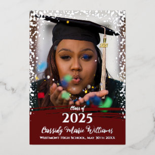 Invitation En Aluminium Maroon Silver Confetti Foil Annonce de graduation