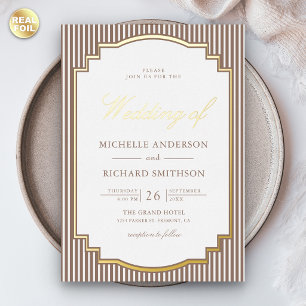 Invitation En Aluminium Marron Classique Mocca Rayé Photo Mariage Or