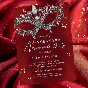Invitation En Aluminium Mascarade d'argent rouge Star Quinceanera