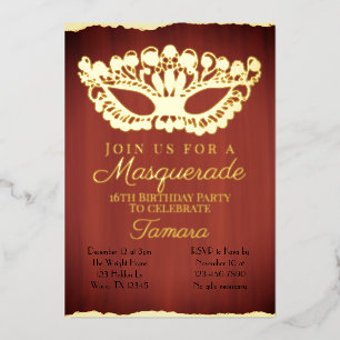 Invitation En Aluminium Mascarade élégante rouge pour un seizième annivers
