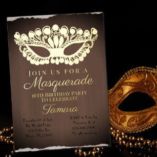 Invitation En Aluminium Mascarade Élégante Seizième Anniversaire