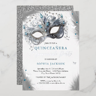 Invitation En Aluminium Mascarade en argent bleu papillon Quinceanera