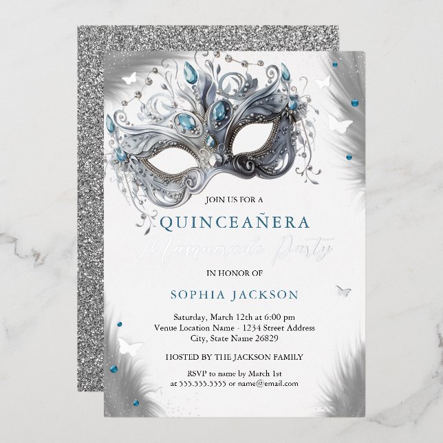 Invitation En Aluminium Mascarade en argent bleu papillon Quinceanera (Recto/Verso)