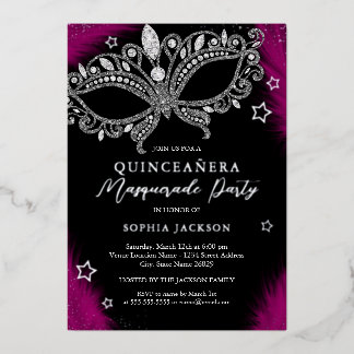 Invitation En Aluminium Mascarade en argent rose Star Quinceanera