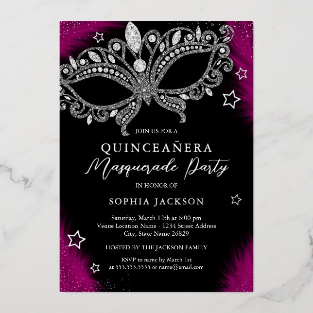 Invitation En Aluminium Mascarade en argent rose Star Quinceanera (Recto)