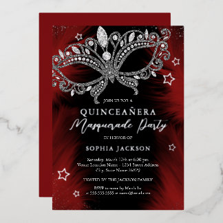 Invitation En Aluminium Mascarade noire en argent rouge Star Quinceanera