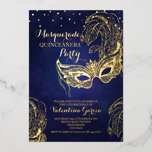 Invitation En Aluminium Mascarade Or Luxe Mascarade Quinceañera Design Mas (Recto)