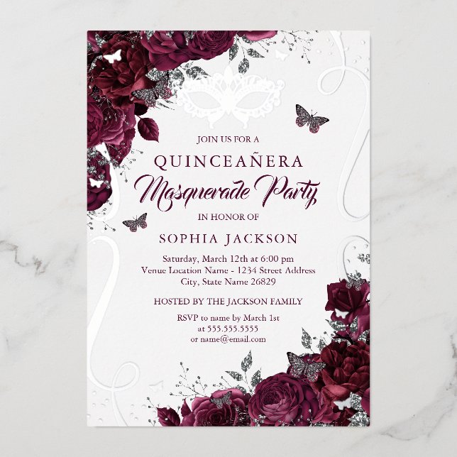 Invitation En Aluminium Mascarade Papillon Argent Bourgogne Quinceanera (Recto)