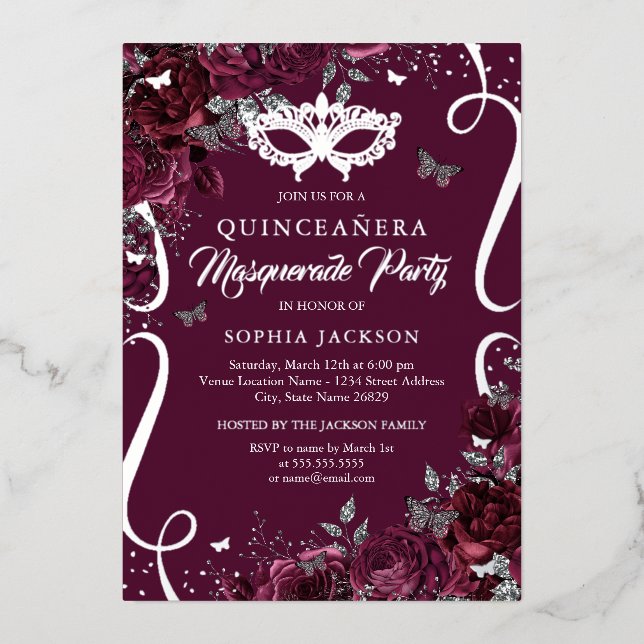 Invitation En Aluminium Mascarade Papillon Bourgogne Silver Quinceanera (Recto)