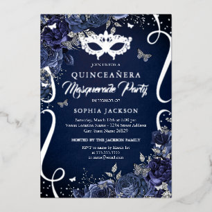 Invitation En Aluminium Mascarade papillon marine Quinceanera en argent