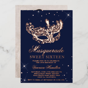 Invitation En Aluminium Mascarade rose or masque parties scintillant  Swee