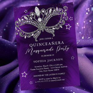 Invitation En Aluminium Masque de masquerade violet argenté Quinceanera ét