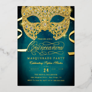 Invitation En Aluminium Masque de Quinceanera élégant sarcelle or