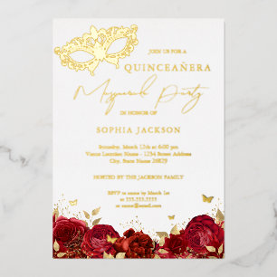 Invitation En Aluminium Masque Fête de Mascarade Rouge Or Rose Quinceanera
