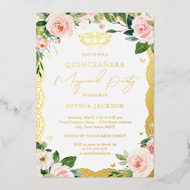 Invitation En Aluminium Masquerade de dentelle d'or Blush Floral Quinceane (Recto)