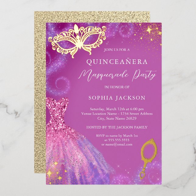 Invitation En Aluminium Masquerade fête rose violet robe Quinceanera (Recto/Verso)