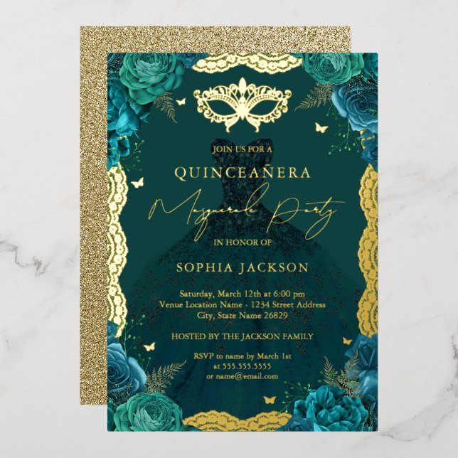 Invitation En Aluminium Masquerade fête Turquoise robe florale Quinceanera (Recto/Verso)