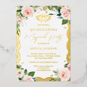 Invitation En Aluminium Masquerade Gold Lace Blush Floral Quinceanera
