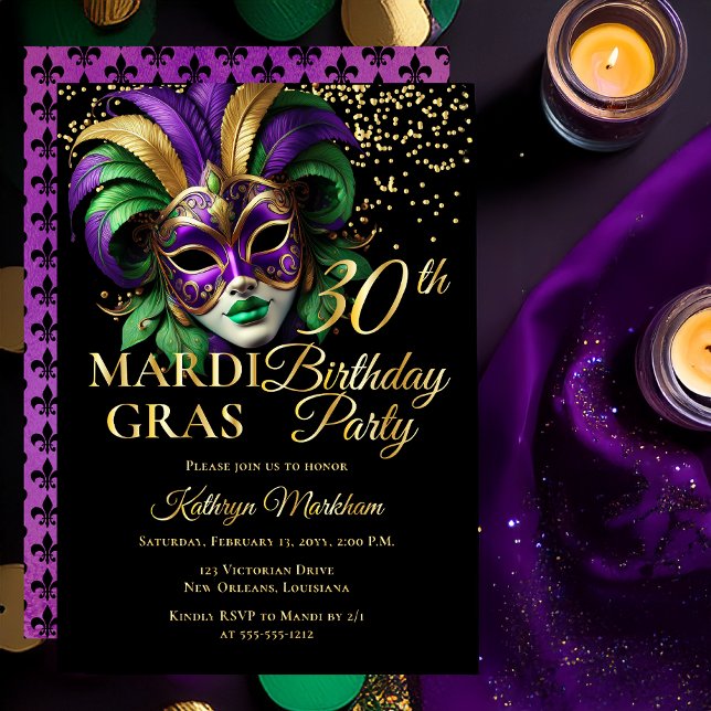 Invitation En Aluminium Masquerade Mask Mardi Gras 30th Birthday Party (Elegant Purple Green Gold Tone Masquerade Mask Mardi Gras 30th Birthday Party Gold Foil Invitation )