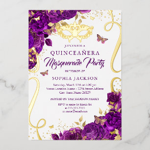 Invitation En Aluminium Masquerade Papillon Or violet Quinceanera