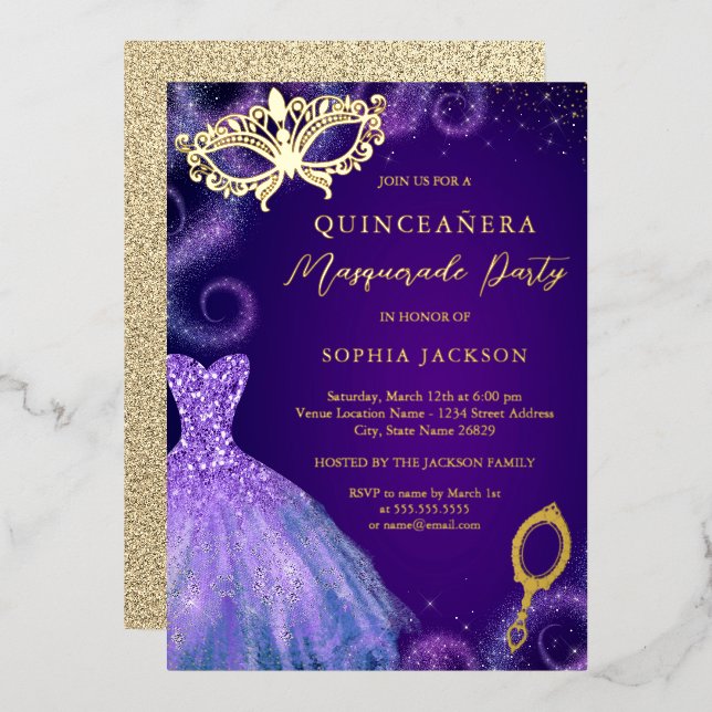 Invitation En Aluminium Masquerade Party Gold Purple robe Quinceanera (Recto/Verso)