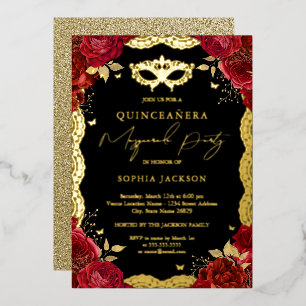 Invitation En Aluminium Masquerade Party Or Rouge Rose dentelle Quinceaner