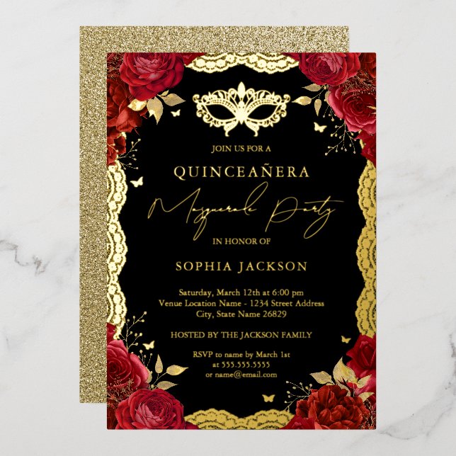 Invitation En Aluminium Masquerade Party Or Rouge Rose dentelle Quinceaner (Recto/Verso)